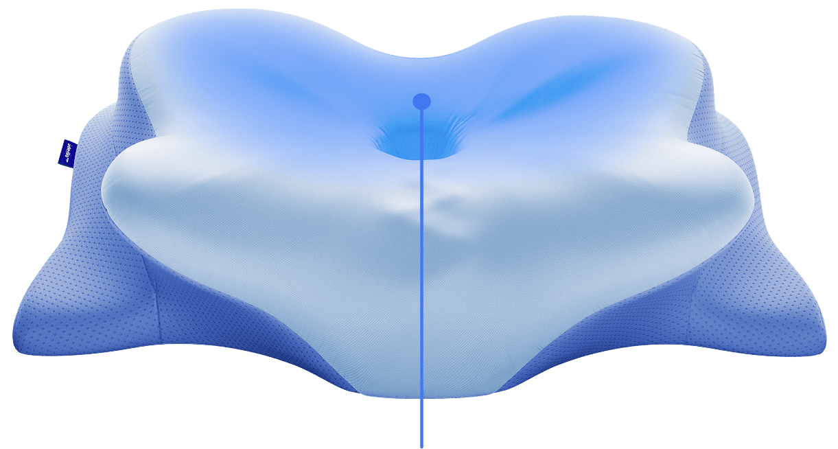 Manufacturer render of the butterfly-contour pillow from above, showing the raised outer ridges and a center alignment line down the middle channel