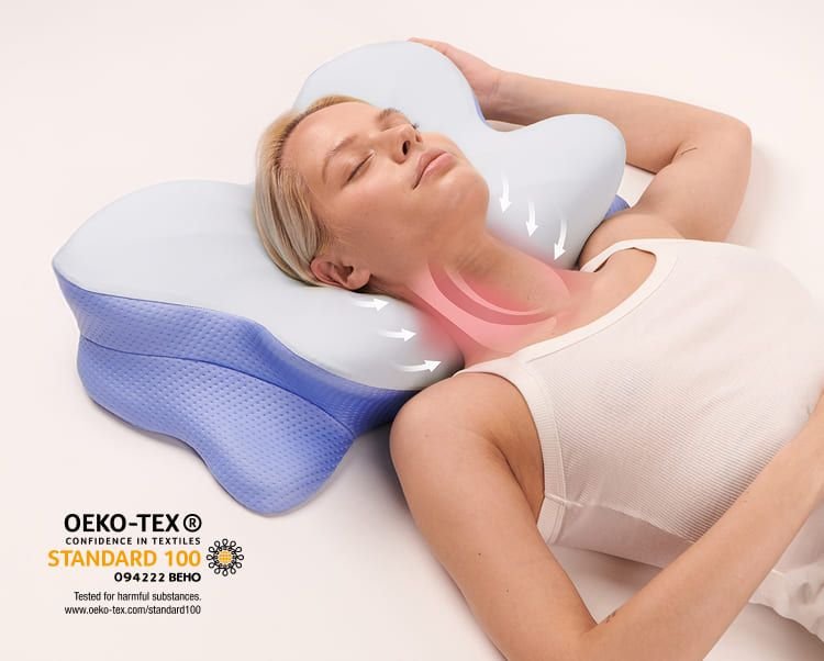 Manufacturer-provided certification graphic showing the pillow with an overlaid OEKO-TEX Standard 100 badge, certificate number 094222 BEHO