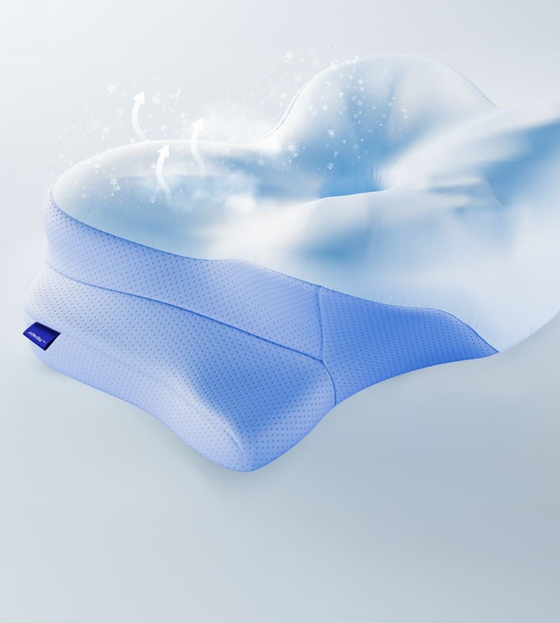 Manufacturer graphic illustrating the pillow's breathable fabric cover with cooling airflow arrows and frost graphics overlaid on a close-up of the textured fabric