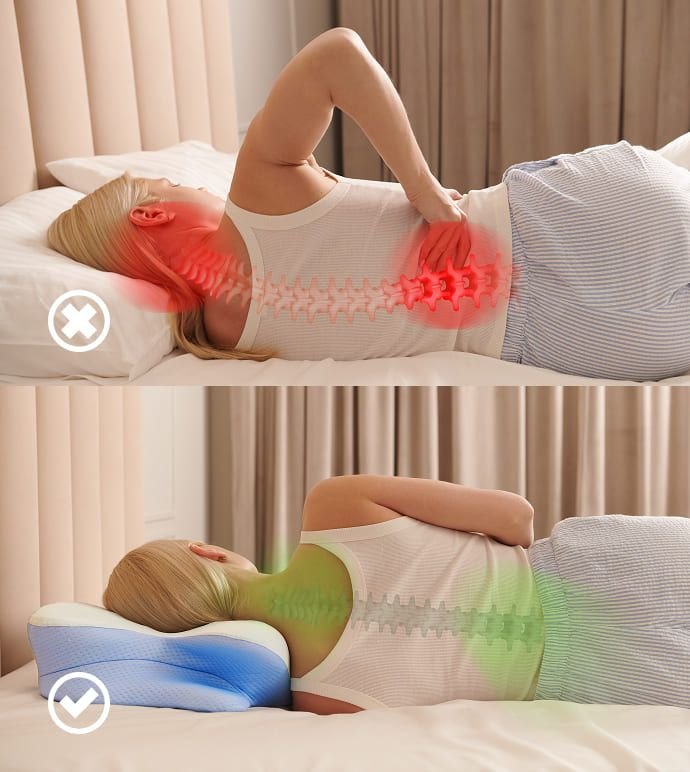 Split comparison photo: top half shows a red-highlighted misaligned neck and spine on a flat pillow with an X icon; bottom half shows a green-highlighted aligned neck and spine using a contour pillow with a checkmark icon